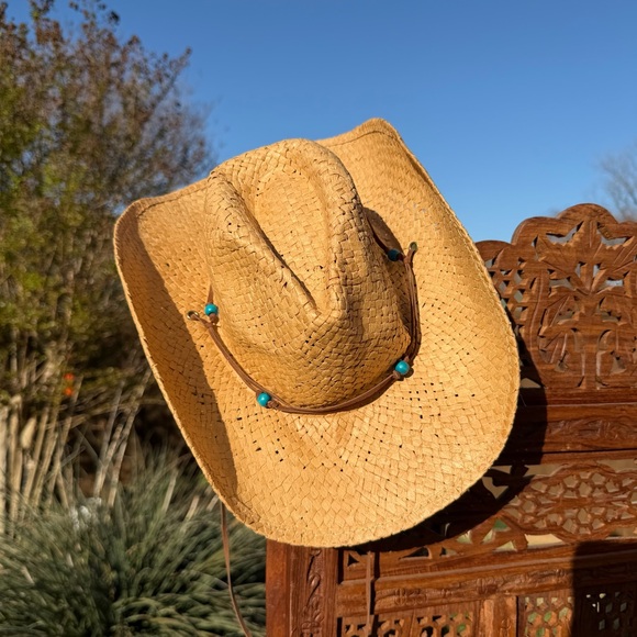 Dpc Accessories - Tan Straw Cowboy Hat with Turquoise Beads